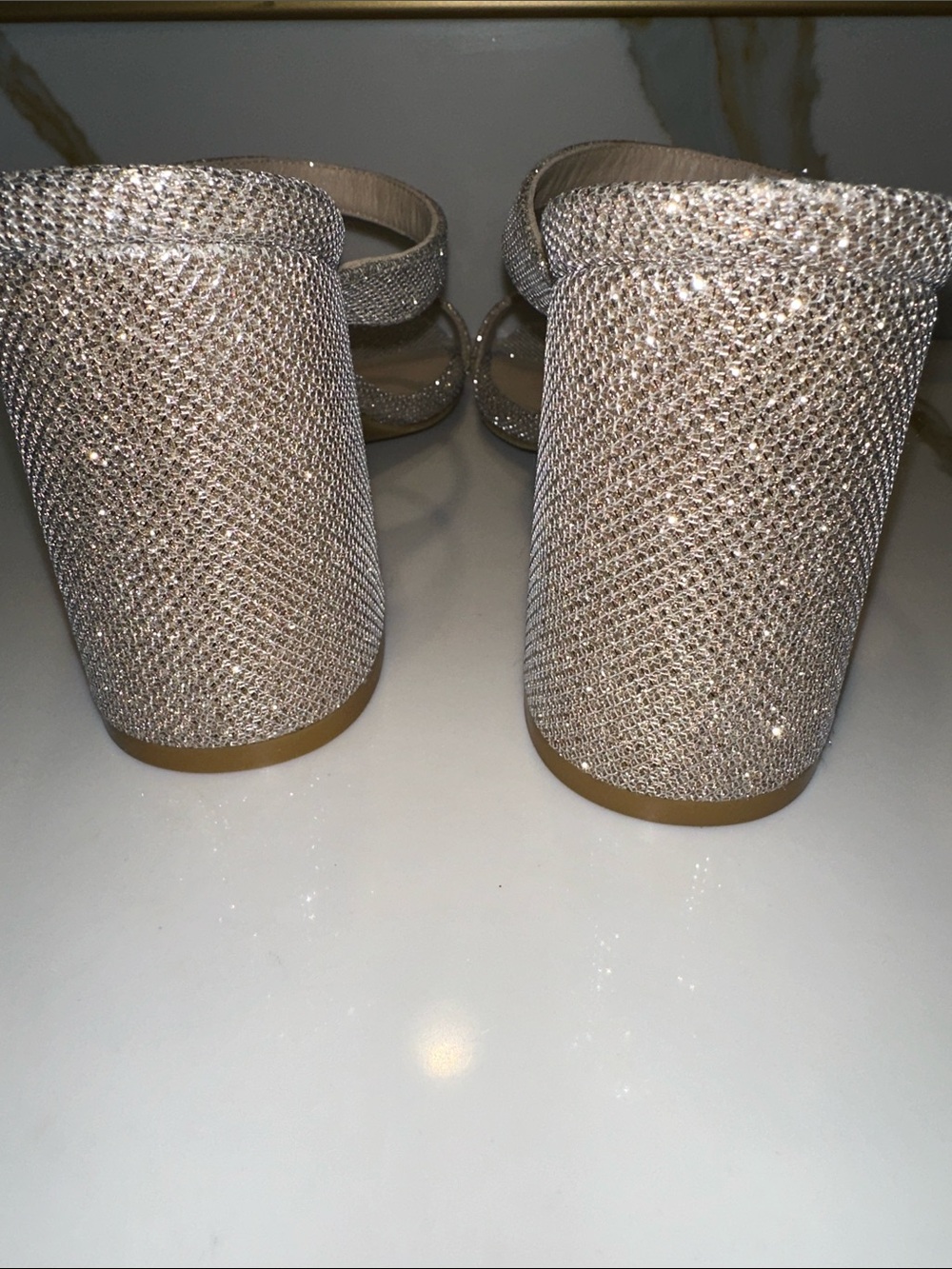 New Stuart Weitzman Glitter Strappy Mid Block Heel Sandals in Silver. Size 8B. - Picture 7 of 9